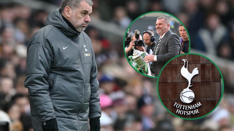 An image of Ange Postecoglou, with two insets of the Tottenham badge and Postecoglou lifting a trophy at Celtic.