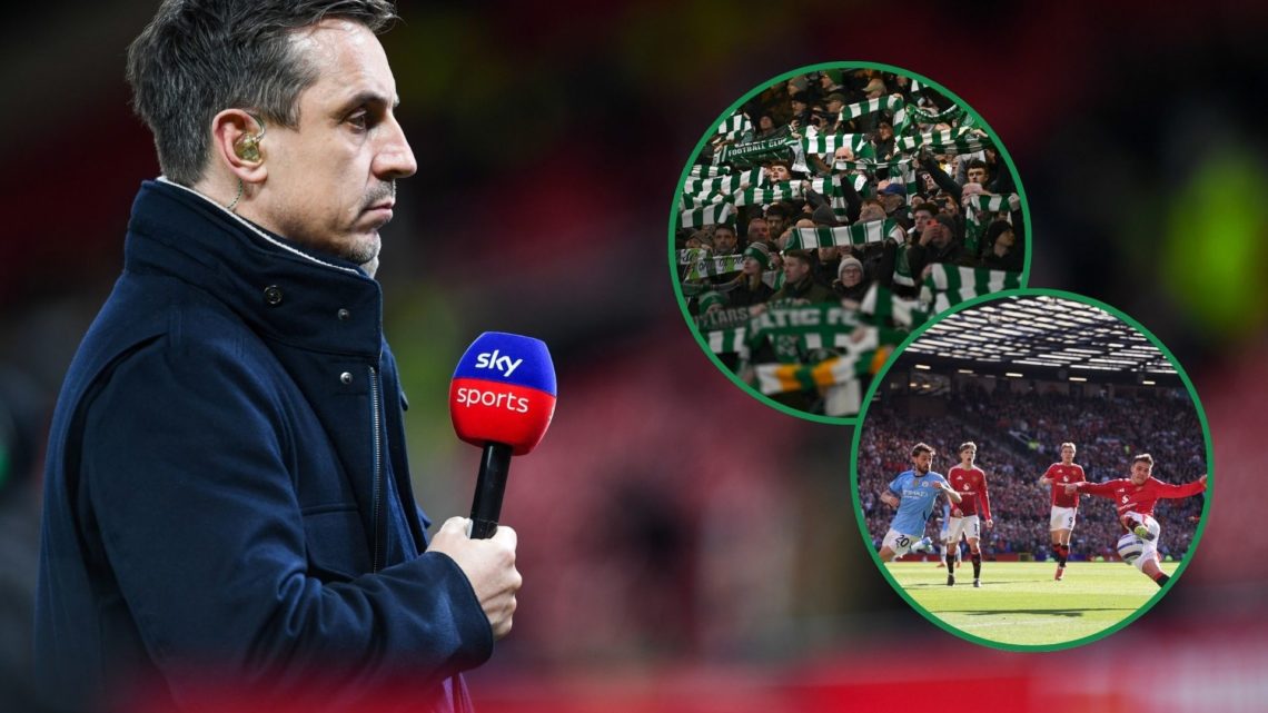 An image of Sky Sports pundit Gary Neville, with two insets of Celtic fans and the Manchester derby.