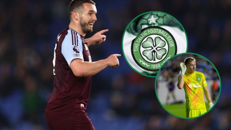 An image of John McGinn at Aston Villa, with two insets of Viljami Sinisalo and the Celtic badge.