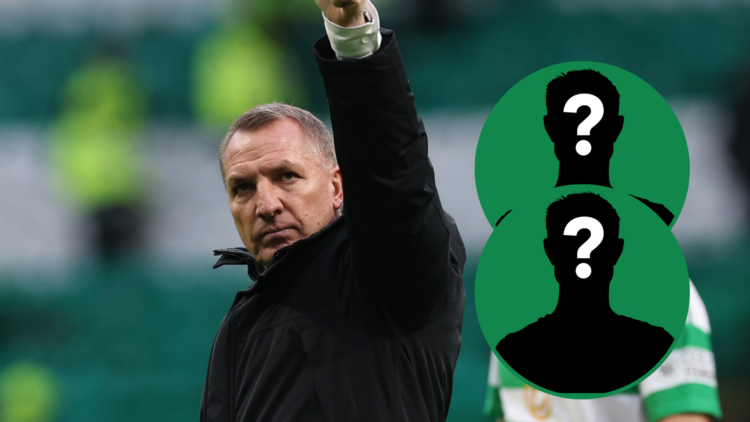 Brendan Rodgers waves to Celtic support after Hearts victory, two circular mystery player insets