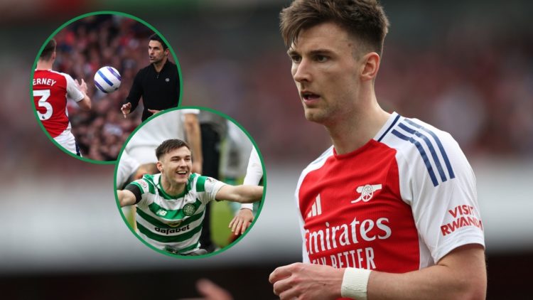 An image of Kieran Tierney playing for Arsenal against Brentford, with two insets of Arsenal boss Mikel Arteta and Tierney celebrating at Celtic.