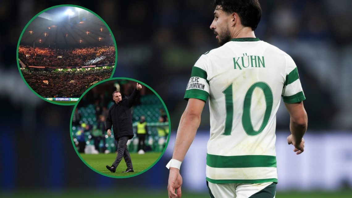 An image of Nicolas Kuhn, with two insets of the Celtic fans and manager Brendan Rodgers.