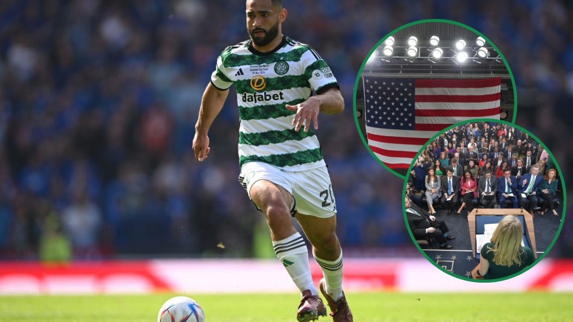 An image of Cameron Carter-Vickers in action for Celtic, with two insets of the American flag and the American press.