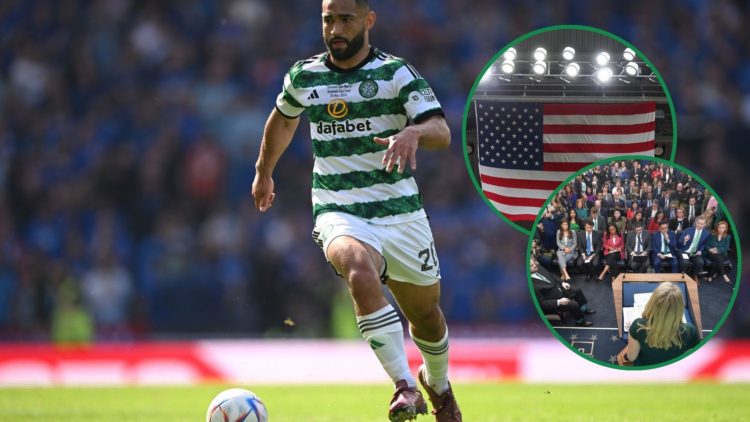 An image of Cameron Carter-Vickers in action for Celtic, with two insets of the American flag and the American press.