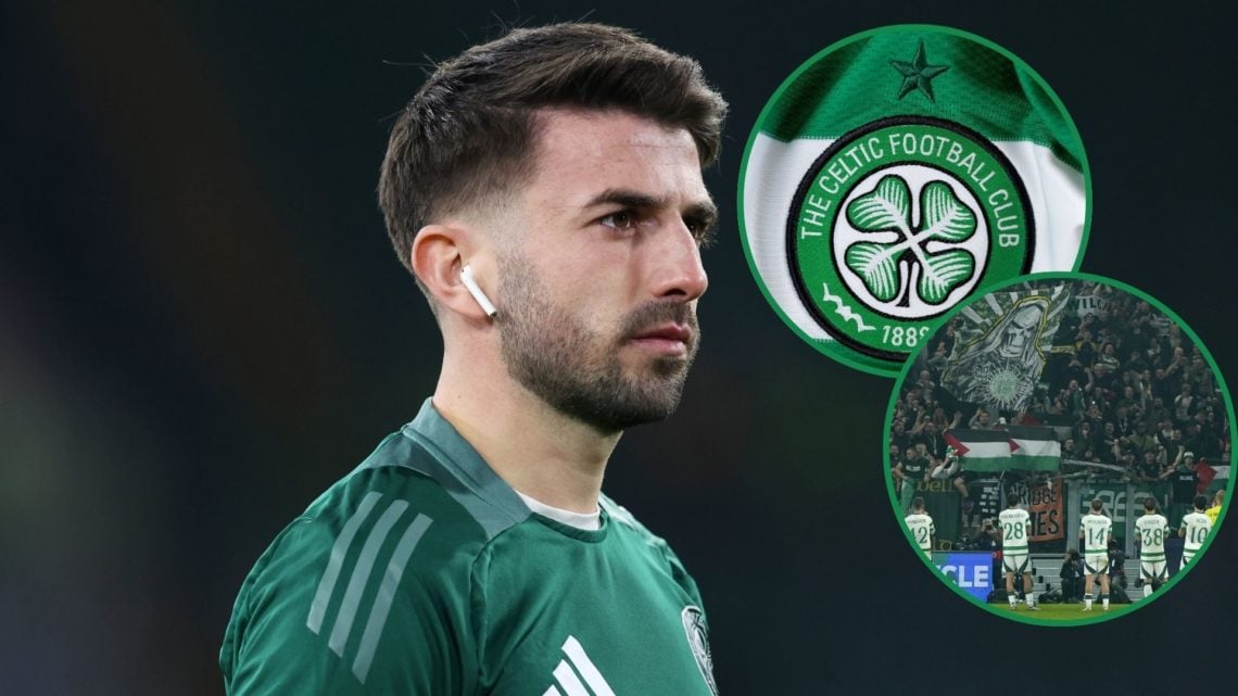 An image of Greg Taylor looking on, with two insets, including the Celtic badge and the Celtic supporters at a Champions League game.