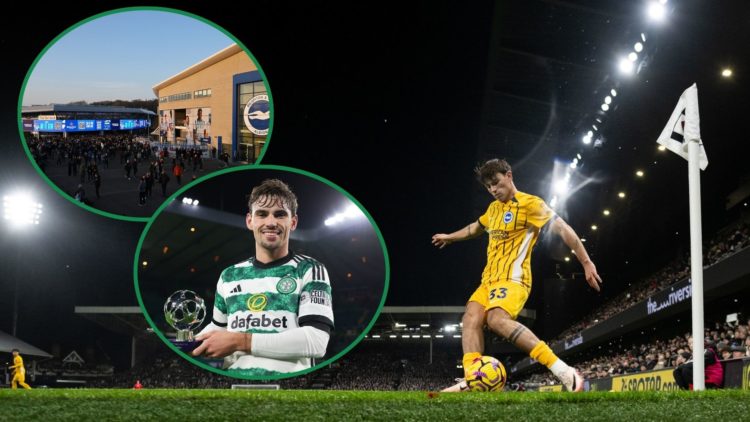 An image of Matt O'Riley taking a corner for Brighton and Hove Albion, including two insets of O'Riley at Celtic, including Brighton fans