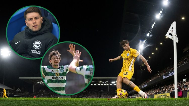 An image of Matt O'Riley at Brighton, with two insets of Fabian Hurzeler and O'Riley at Celtic.