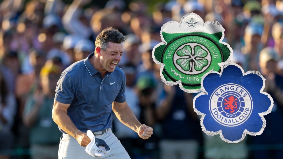 An image of Rory Mcllroy celebrating winning the 2025 Masters, with two insets of the Celtic and the Rangers badge.