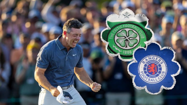 An image of Rory Mcllroy celebrating winning the 2025 Masters, with two insets of the Celtic and the Rangers badge.