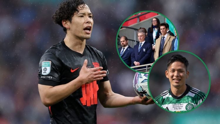 An image of Tomoki Iwata playing for Birmingham City in the Football League trophy final against Peterborough United, with two insets of Tom Brady ...