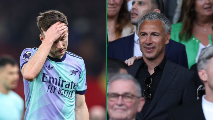 Kieran Tierney looks disappointed in Arsenal shirt (L), Celtic hero Henrik Larsson (R)