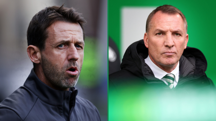 Neil McCann (L) takes in Rangers game from Ibrox dugout, split of Brendan Rodgers (R) before Celtic win vs Hearts