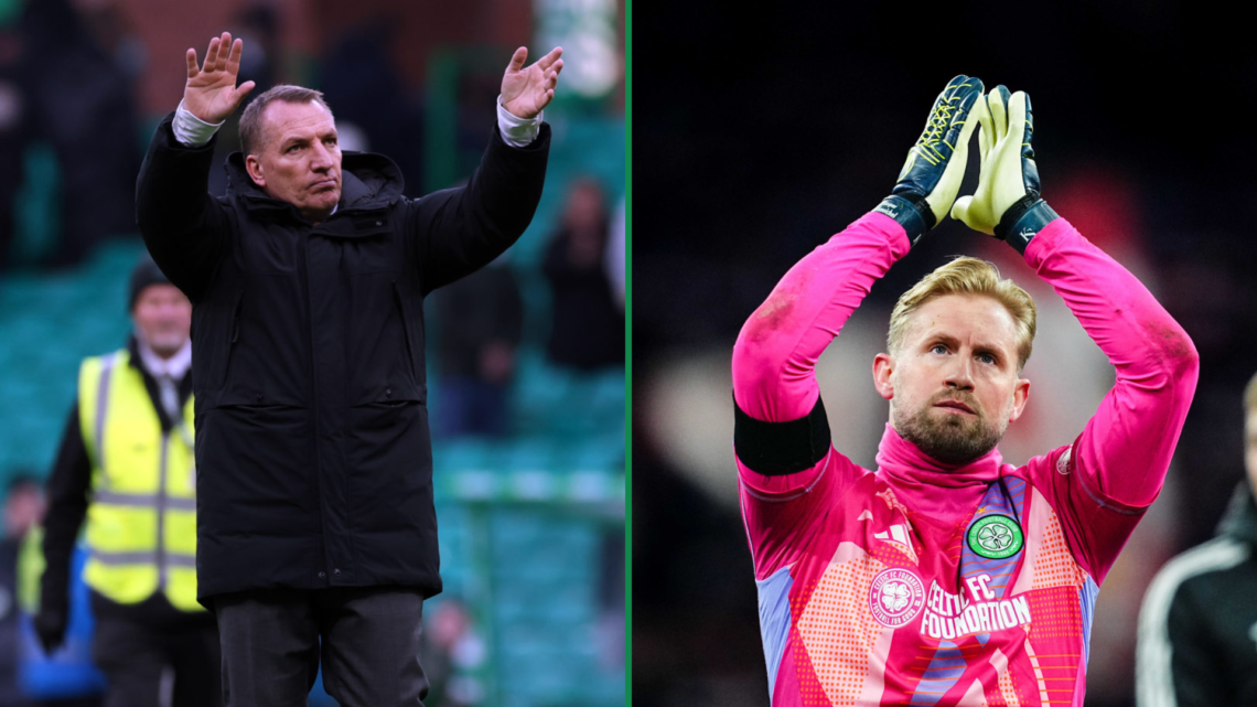Split image of Brendan Rodgers waving to Celtic fans and Kasper Schmeichel in action for Celtic