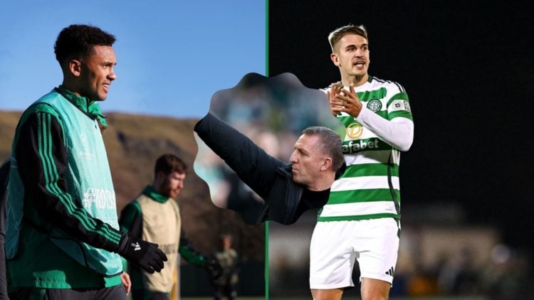 Two split images of Auston Trusty and Maik Nawrocki, including an inset of Celtic manager Brendan Rodgers.