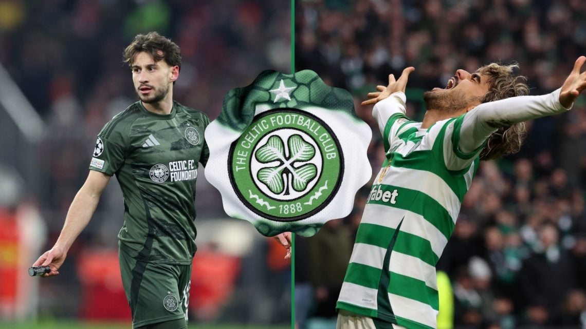 Two split images of Nicolas Kuhn and Jota, with an inset of the Celtic badge.