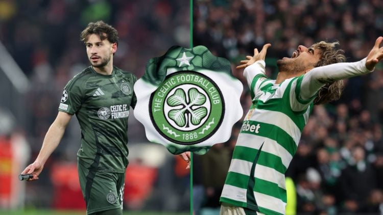 Two split images of Nicolas Kuhn and Jota, with an inset of the Celtic badge.