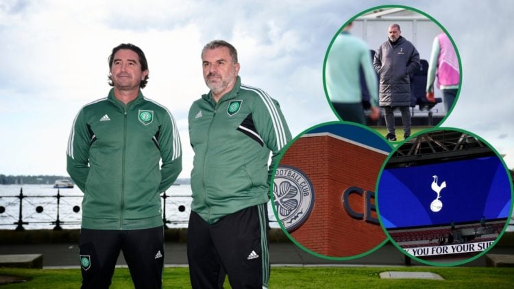 An image of Harry Kewell and Ange Postecoglou, including three insets of the Celtic and Tottenham badges.