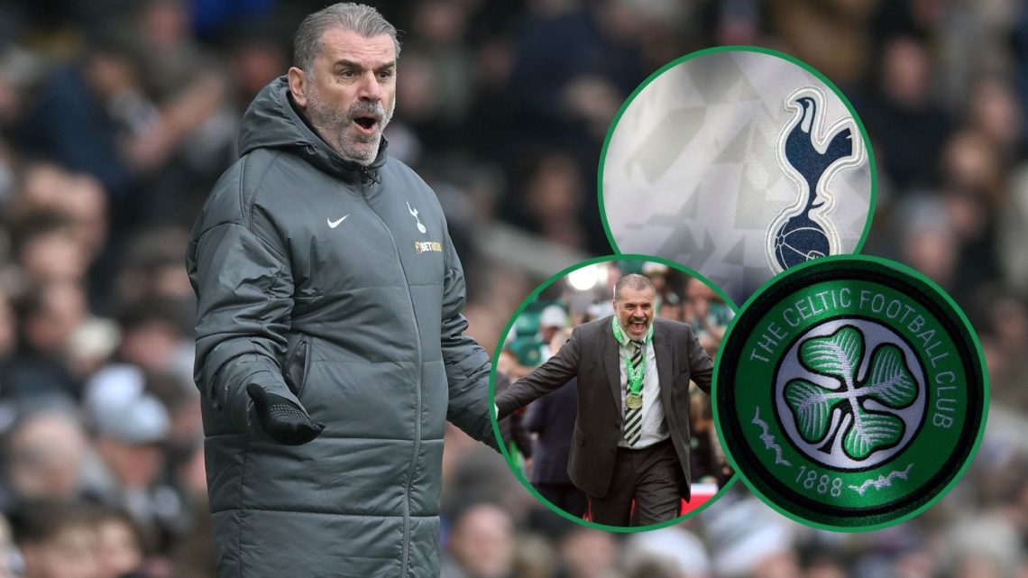 An image of Ange Postecoglou at Tottenham, with three insets, including Postecoglou celebrating, the Celtic and Spurs badges.