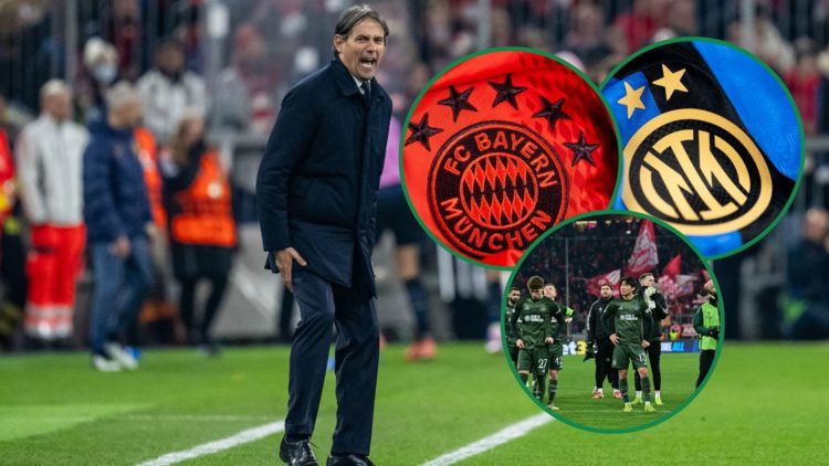An image of Simone Inzaghi, with three insets of the Bayern Munich, Inter badge, and the Celtic squad.
