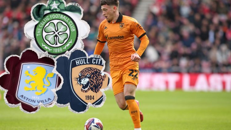 An image of Louie Barry in action for Hull City, with three insets of the Aston Villa, Celtic and Hull City badges.