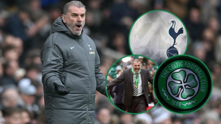 An image of Ange Postecoglou at Tottenham, with three insets, including Postecoglou celebrating, the Celtic and Spurs badges.