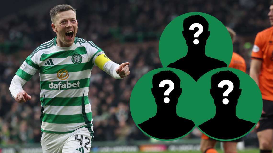 Callum McGregor celebrates scoring a goal for Celtic against Dundee United with three insets of mystery men