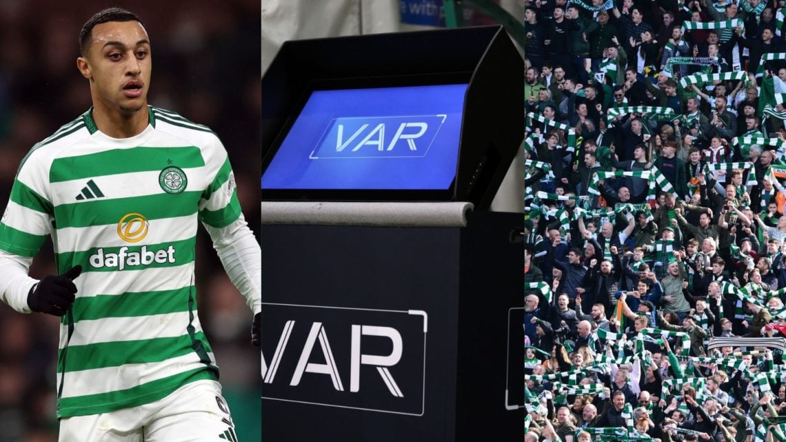 Image of Celtic striker Adam Idah with two insets of a VAR monitor and Celtic fans