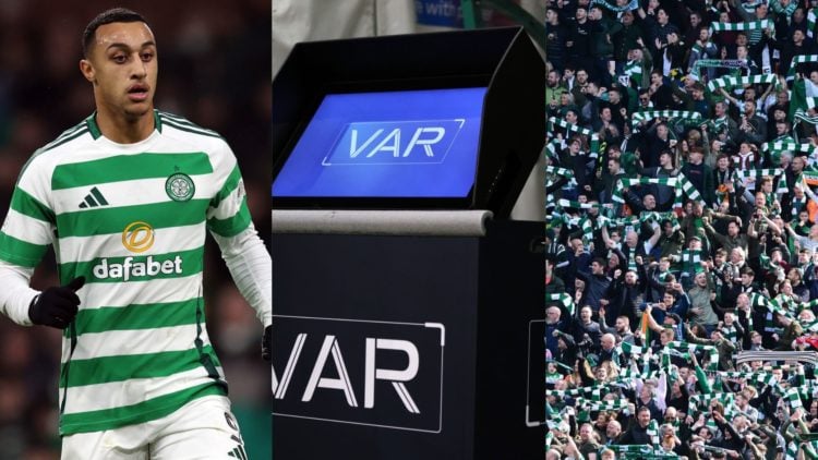 Image of Celtic striker Adam Idah with two insets of a VAR monitor and Celtic fans