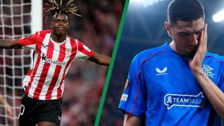 Split image, Athletic Bilbao's Nico Williams celebrating goal against Rangers. Rangers defender Leon Balogun goes off injured during Athletic Bilba...