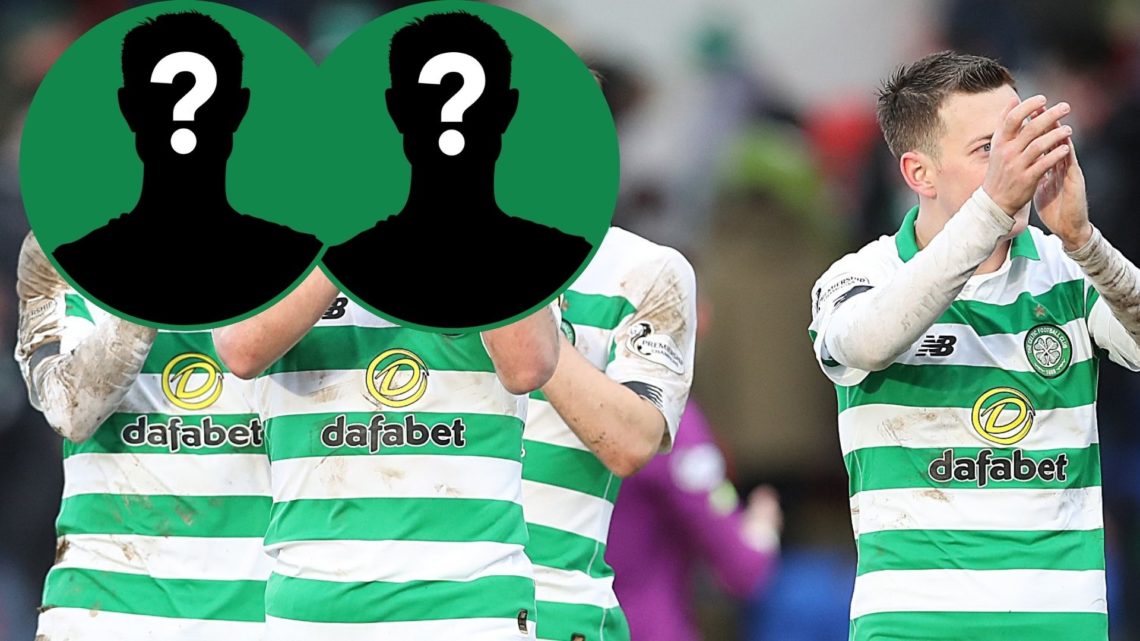 Celtic players thank the travelling fans after the Scottish Cup quarter final win against St Johnstone in 2020. An inset of two mystery men cover t...