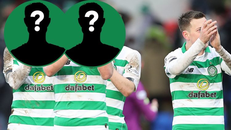 Celtic players thank the travelling fans after the Scottish Cup quarter final win against St Johnstone in 2020. An inset of two mystery men cover t...