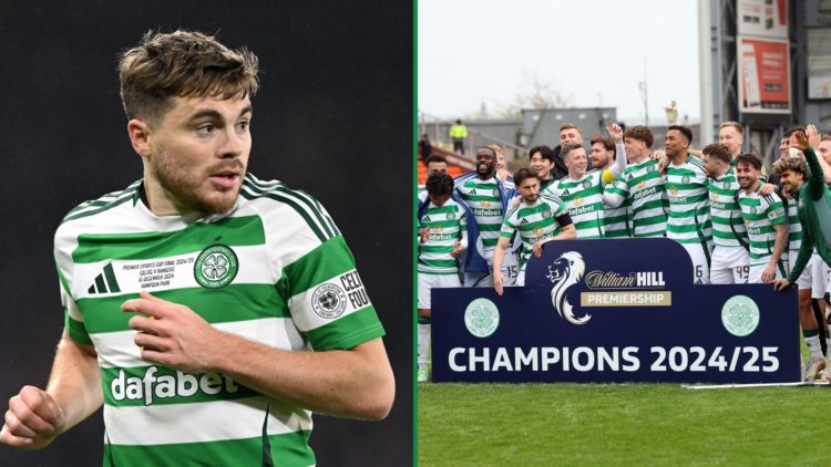 James Forrest (L) in action for Celtic during the Premier Sports Cup final, Celtic's players (R) celebrate winning the Scottish Premiership
