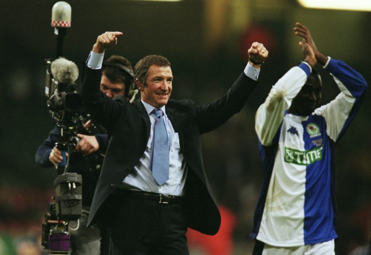 24 Feb 2002:  Blackburn Rovers manager Graeme Souness (left) and match winner Andy Cole (right) celebrate victory after the Worthington Cup Final a...