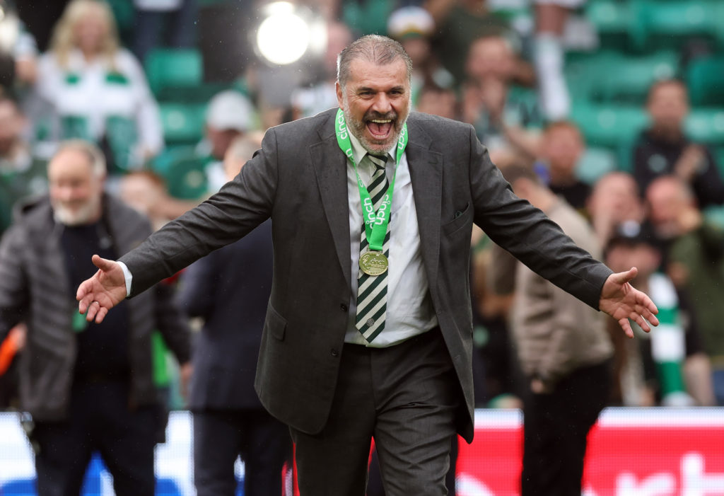 Ange Postecoglou celebrates Celtic's Premiership title win in 2023.