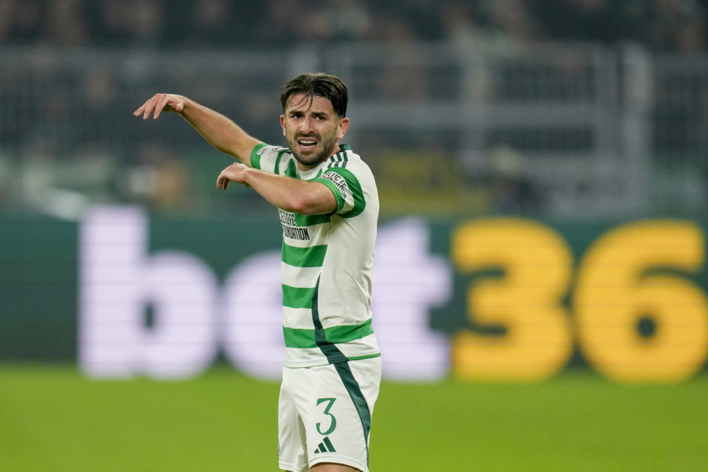 Greg Taylor of Celtic FC gestures during the UEFA Champions League 2024/25 League Phase MD2 match between Borussia Dortmund and Celtic FC at Signal Iduna Park