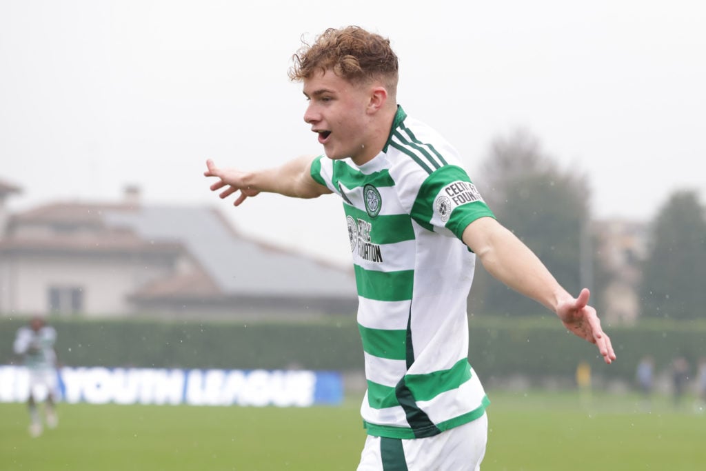 Francis Turley of Celtic celebrates after scoring to give the side a 1-0 lead cduring the UEFA Youth League, 2024/25 League Phase MD3 match between Atalanta BC and Celtic FC at Stadio Comunale di Caravaggio
