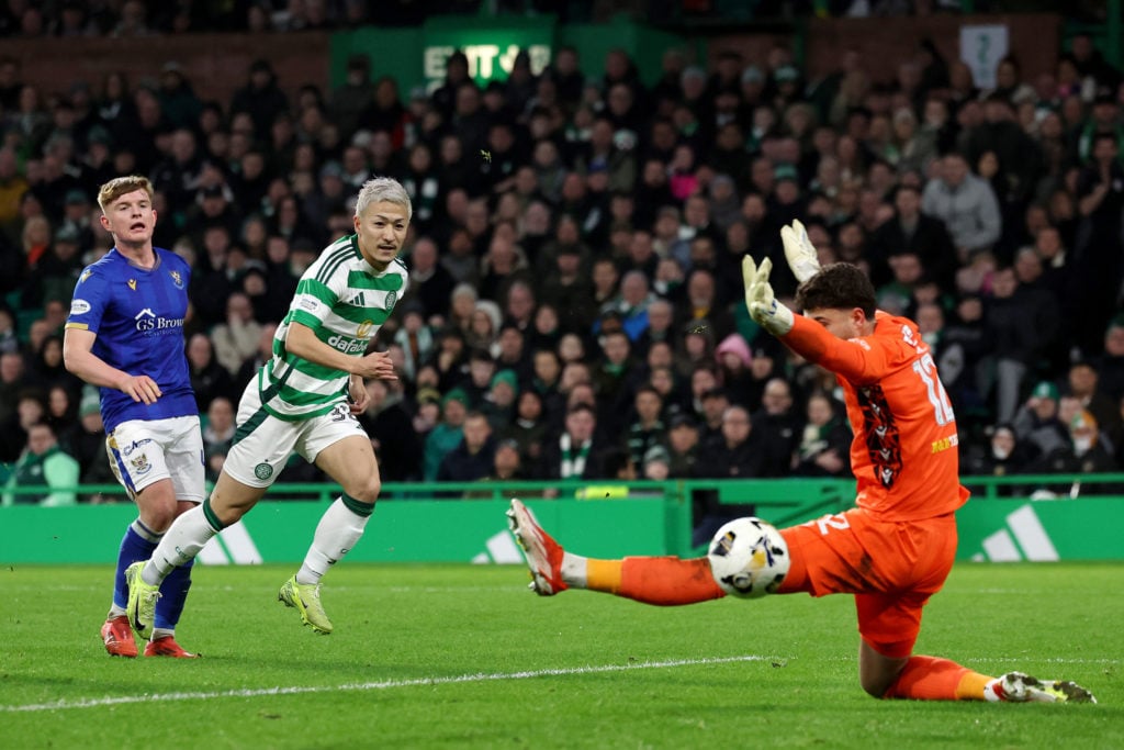 Josh Rae of St Johnstone fails to stop Daizen Maeda of Celtic from scoring his team's fourth goal during the William Hill Premiership match between Celtic FC and St. Johnstone FC at Celtic Park