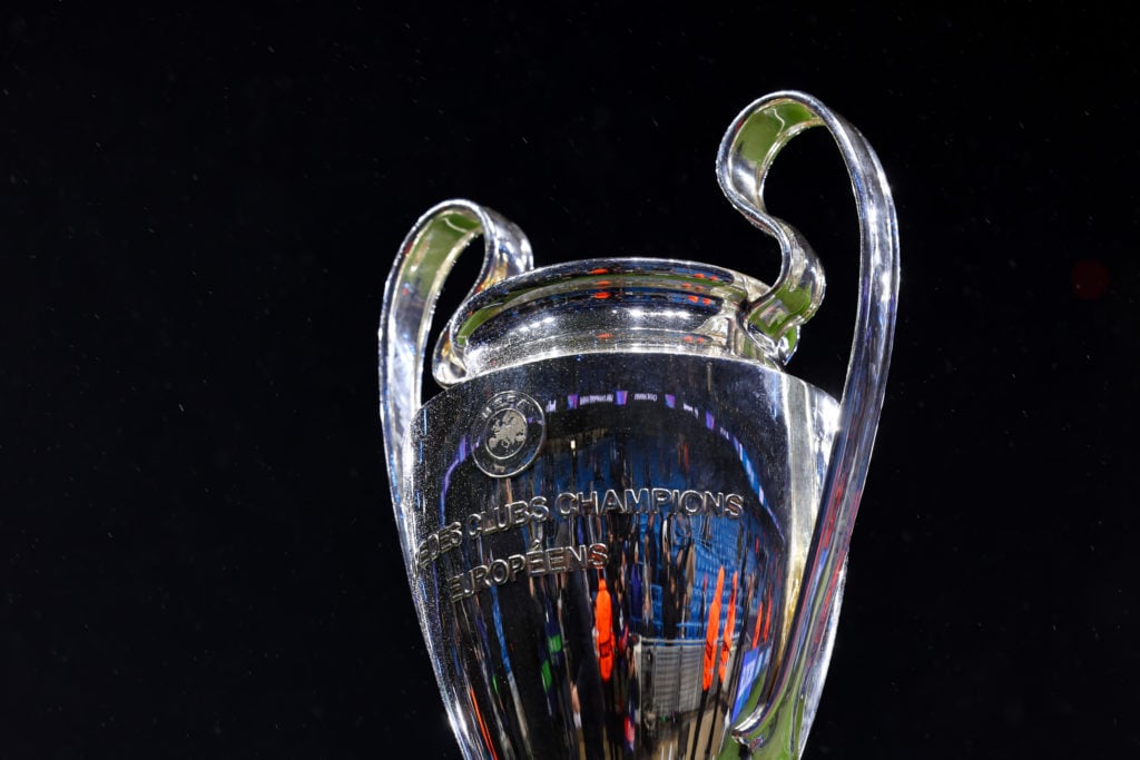 The UEFA Champions League trophy on display ahead of Manchester City vs Real Madrid.