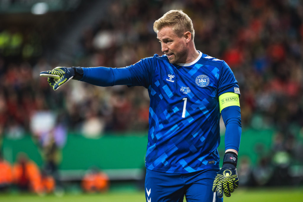 Kasper Schmeichel of Denmark in action during the UEFA Nations League Quarterfinal Leg Two match between Portugal and Denmark at Estadio Jose Alvalade