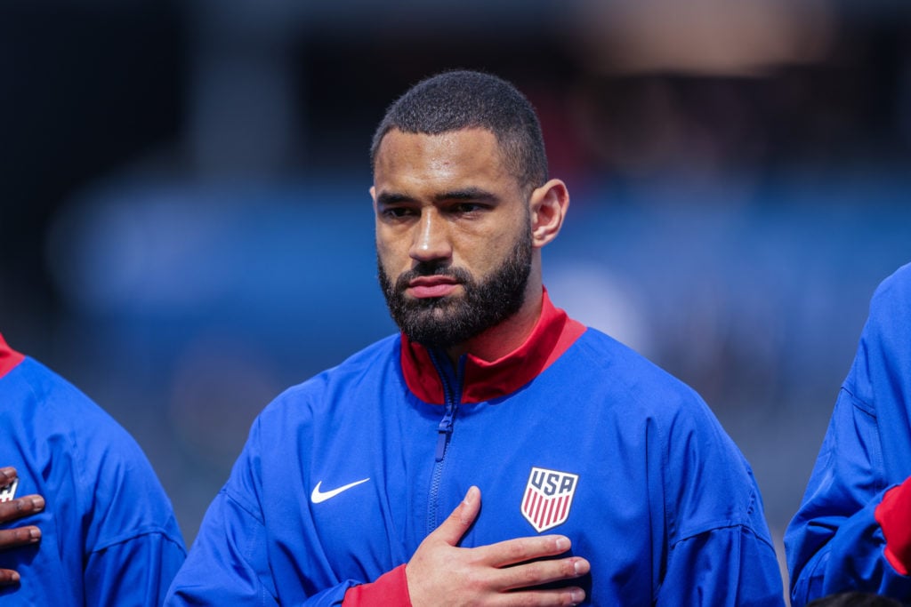 Celtic defender Cameron Carter-Vickers lining up for the United States of America's national anthem ahead of the USA against Canada in the CONCACAF Nations League, March 23, 2025.