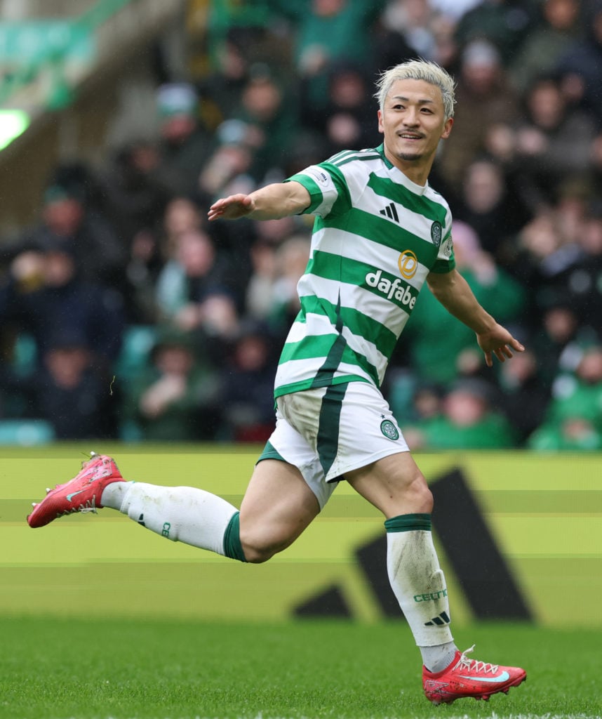 Daizen Maeda celebrates his goal for Celtic against Hearts at Celtic Park