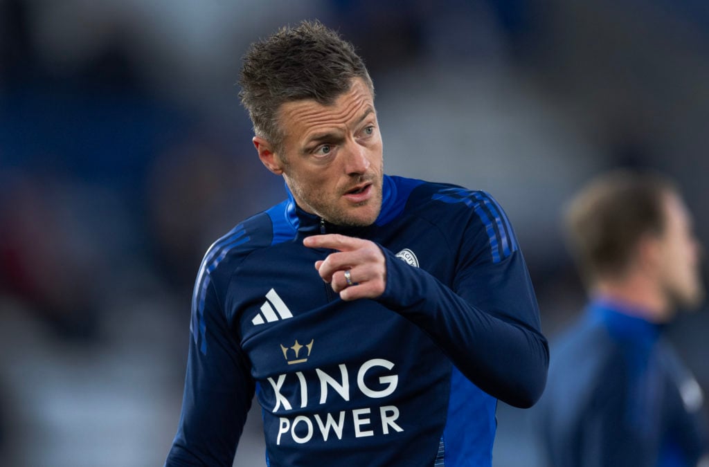 Jamie Vardy of Leicester City warms up before the Premier League match between Leicester City FC and Newcastle United FC at The King Power Stadium