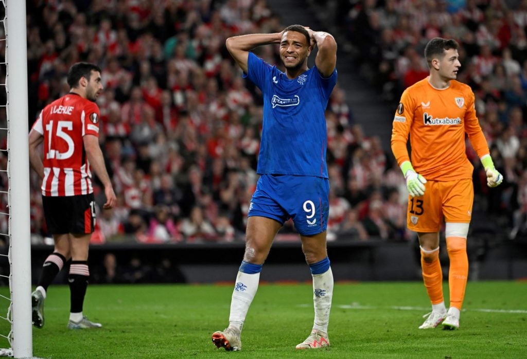 Cyriel Dessers looks dejected for Rangers against Athletic Club Bilbao in the Europa League.
