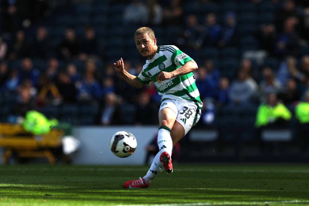 Daizen Maeda scores for Celtic against St Johnstone in the Scottish Cup semi-final