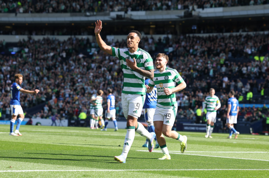 Adam Idah scores against St Johnstone for Celtic in the Scottish Gas Scottish Cup 2024/25 Semi Final at Hampden