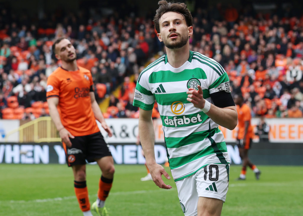 Nicolas Kuhn celebrates scoring for Celtic against Dundee United