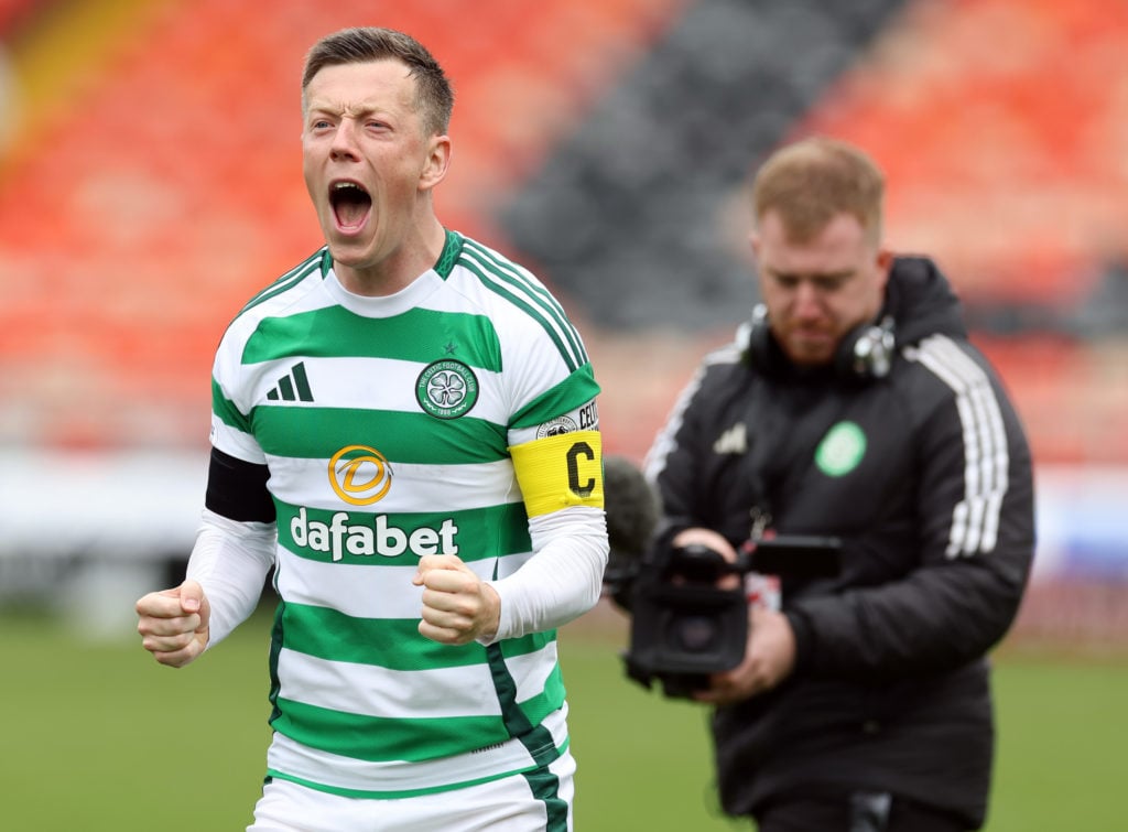 Callum McGregor celebrates winning the Scottish Premiership with Celtic against Dundee United