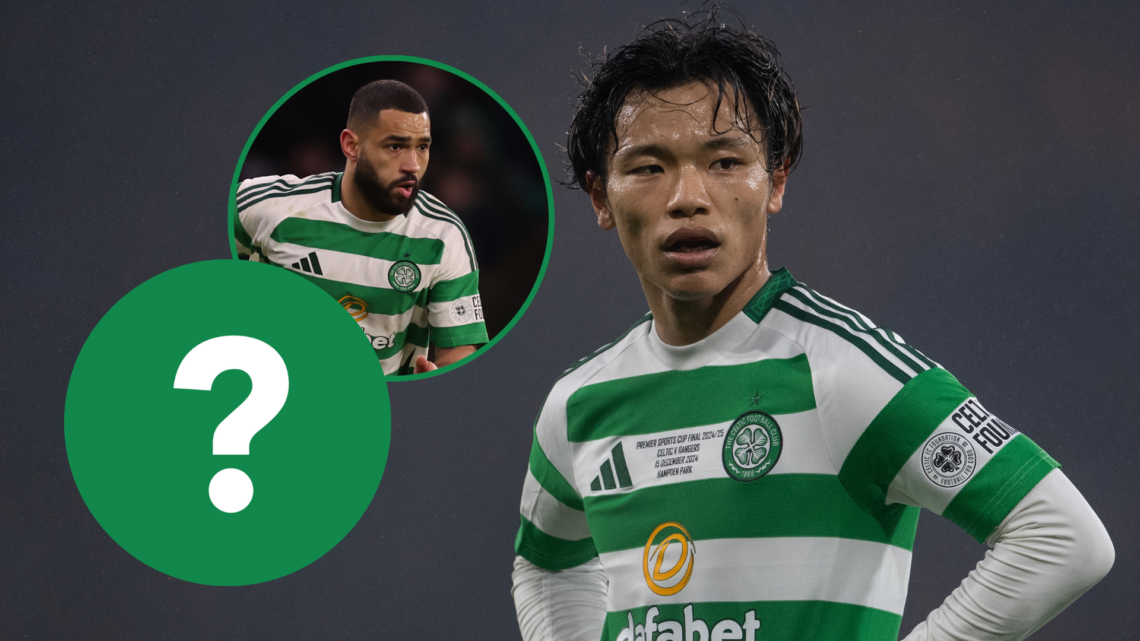 Reo Hatate looks on during a Celtic match. Inset one is Celtic defender Cameron Carter-Vickers running with the ball. Inset two is of a question mark