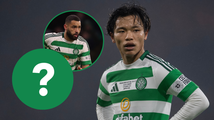 Reo Hatate looks on during a Celtic match. Inset one is Celtic defender Cameron Carter-Vickers running with the ball. Inset two is of a question mark