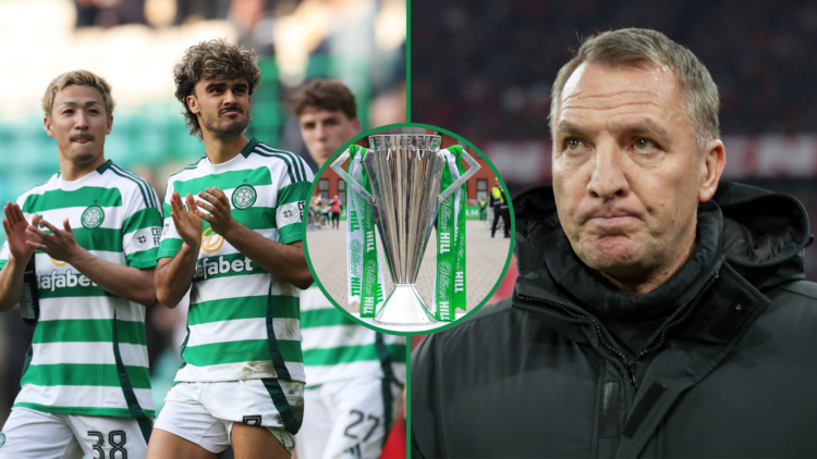 Jota and Daizen Maeda (L) clap the Celtic fans at Parkhead. The Scottish Premiership trophy [C] sits outside Celtic Park. Brendan Rodgers [R] looks...